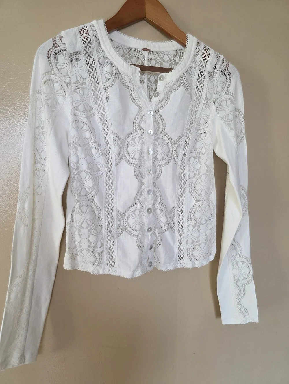 Free People Jae Top S Lace Mesh Button Front Romantic Boho Feminine Balletcore